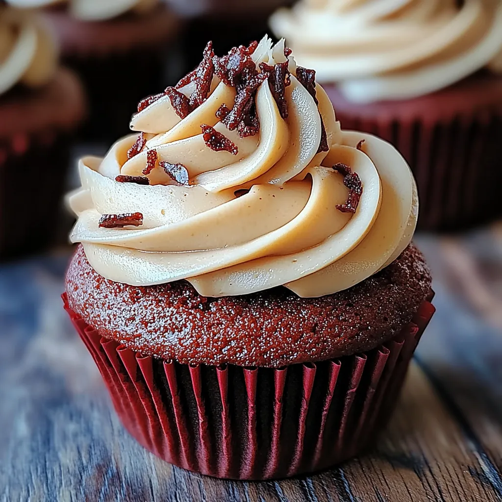 A red cupcake with a chocolate frosting and a caramel swirl.