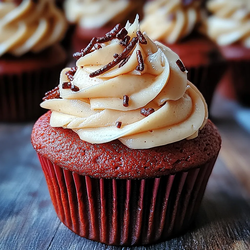 A red cupcake with white frosting and chocolate sprinkles.