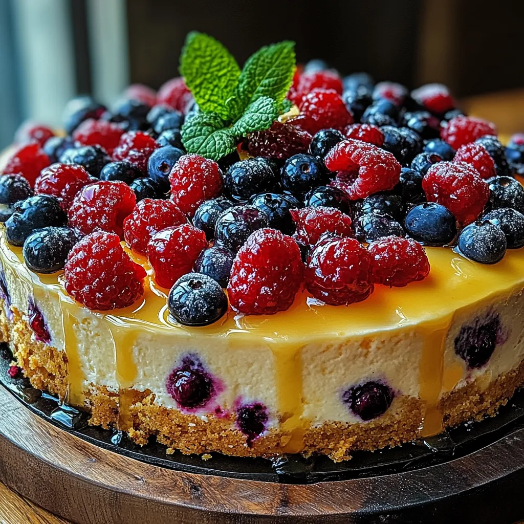 A slice of cake with blueberries and raspberries on top.