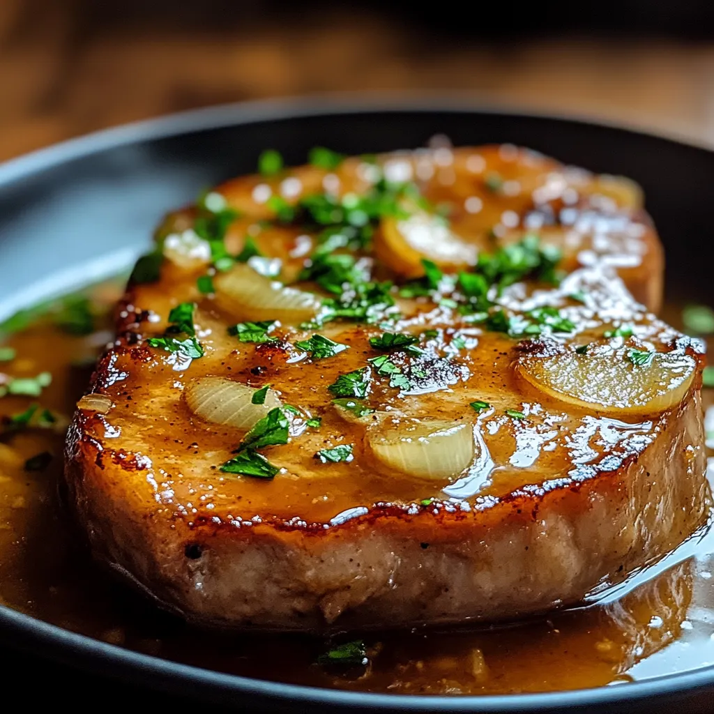 A piece of meat with onions and herbs on it.