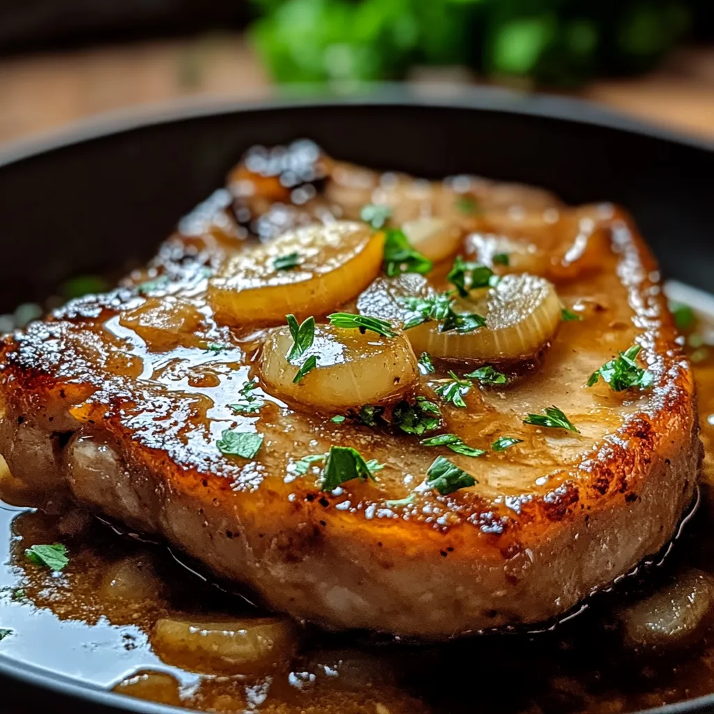A piece of meat with onions and herbs on it.
