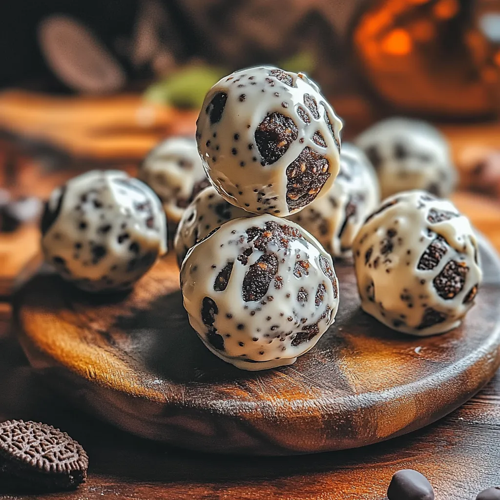 A plate of chocolate covered marshmallows.