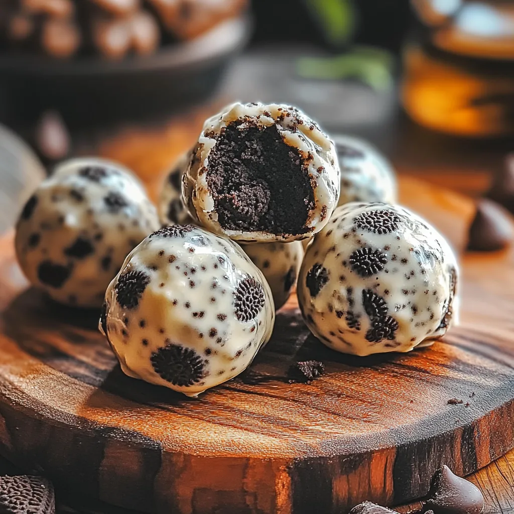 Chocolate covered balls on a wooden table.