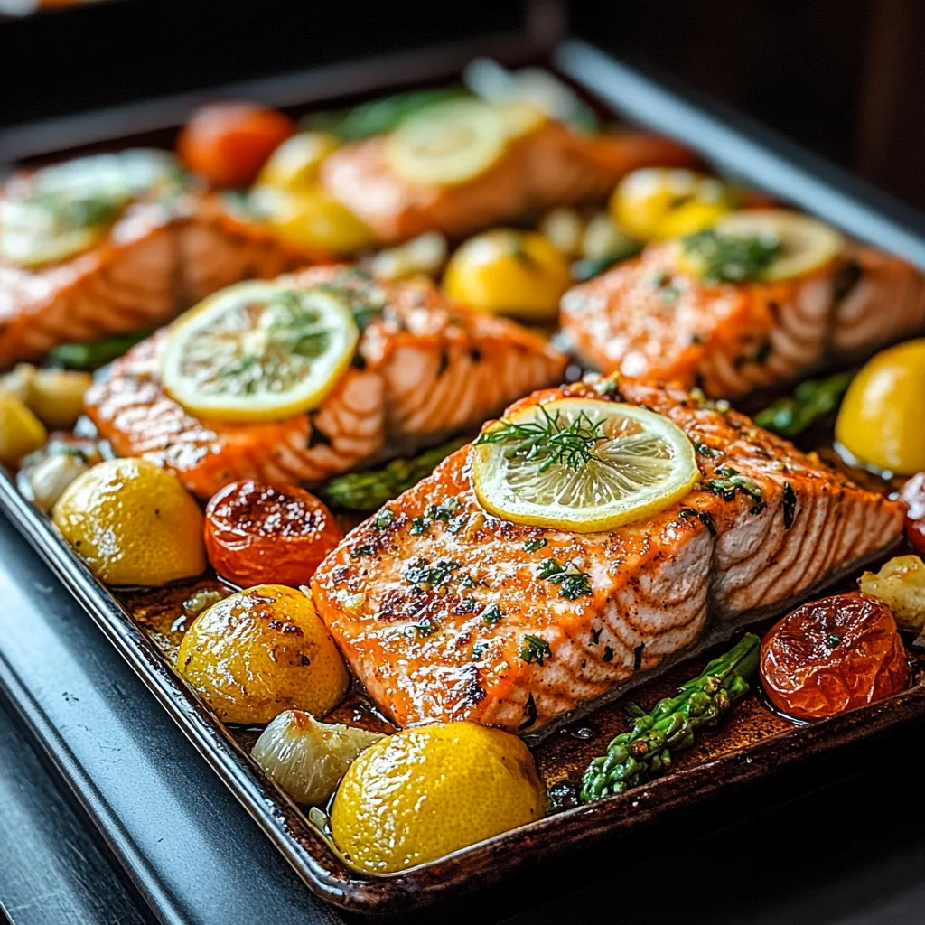 A pan of fish with lemon slices on top.