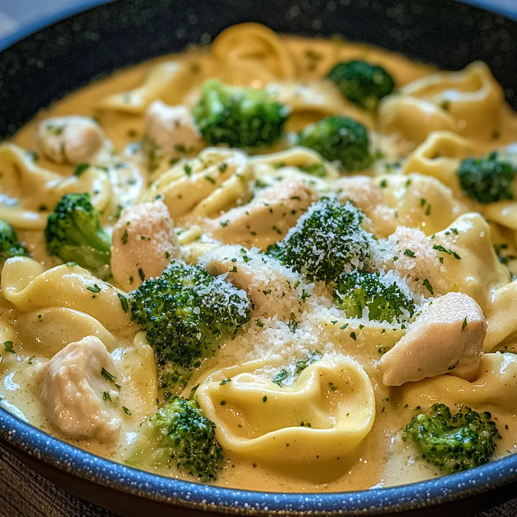 A bowl of pasta with broccoli and cheese.