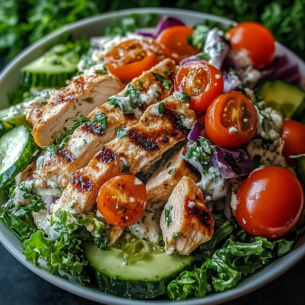 A bowl of food with chicken, tomatoes, and lettuce.