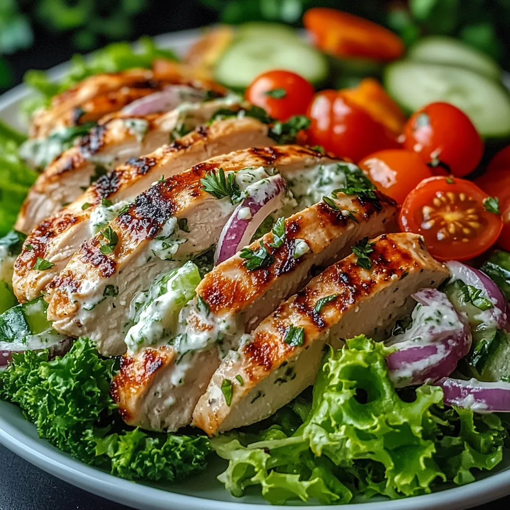 A plate of food with chicken, tomatoes, and lettuce.