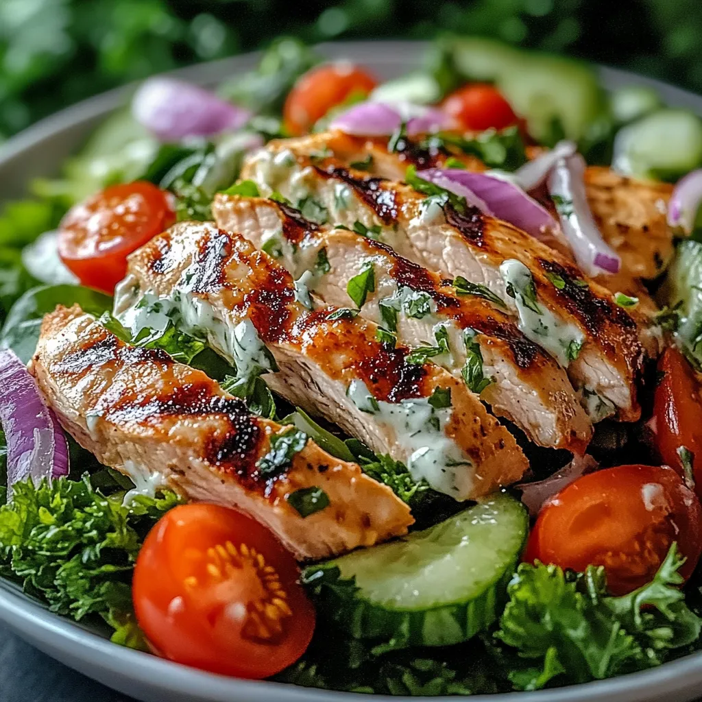 A plate of food with chicken, tomatoes, cucumbers, and onions.