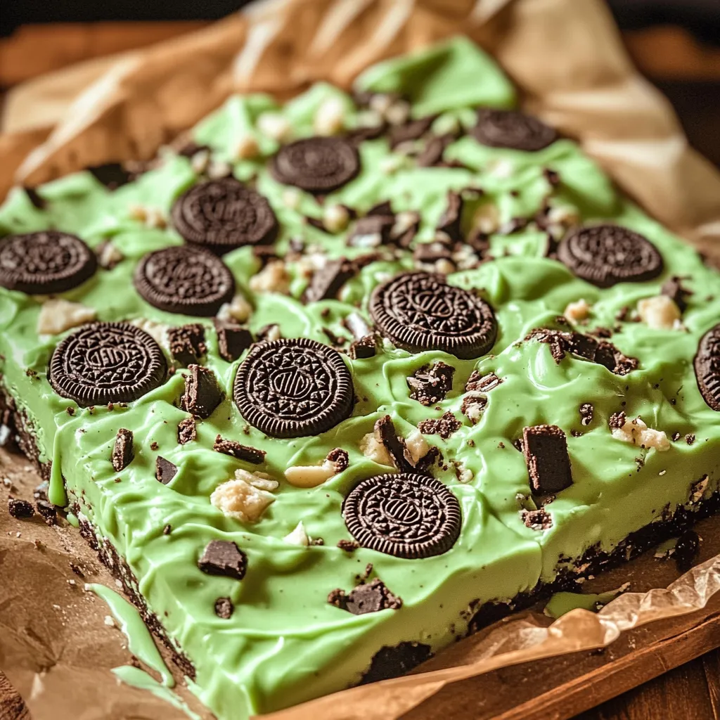 A green and white dessert with chocolate and peanut butter.