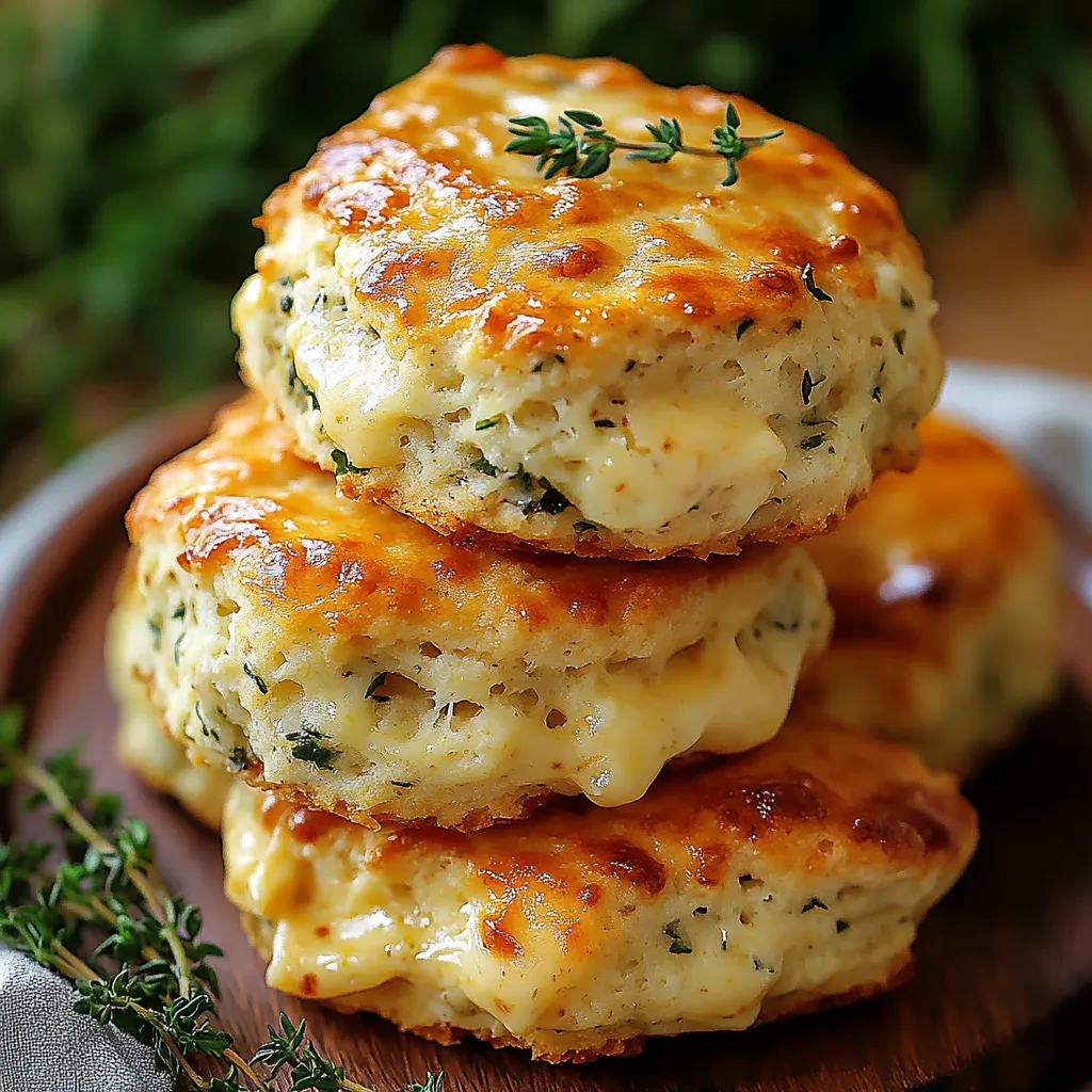 Three stacked biscuits with cheese.