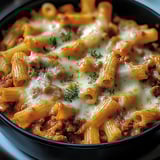 A bowl of pasta with cheese and meat.