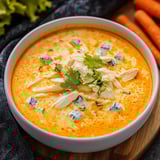 A bowl of soup with chicken and blue cheese.