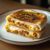 A sandwich with meat and cheese on a white plate.