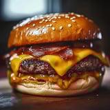 A close up of a hamburger with bacon.