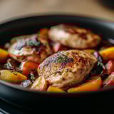 A bowl of food with chicken and vegetables.