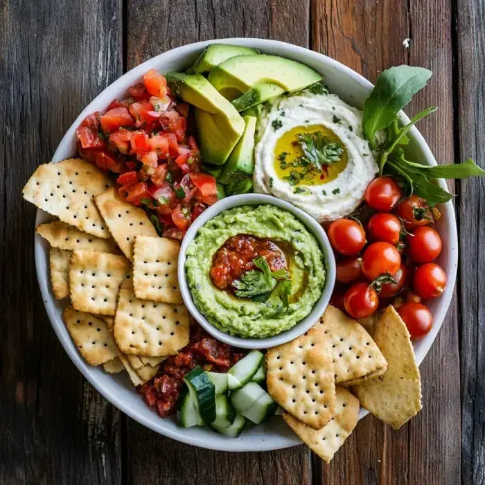 A round platter filled with crackers, fresh vegetables, guacamole, salsa, hummus, and cherry tomatoes.