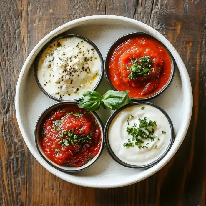 A white plate holds four small bowls of sauces: two red sauces with herbs, one white sauce sprinkled with herbs, and another white sauce with black pepper.