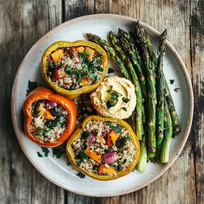 A plate of stuffed bell peppers filled with quinoa and vegetables, accompanied by grilled asparagus and a dollop of hummus.