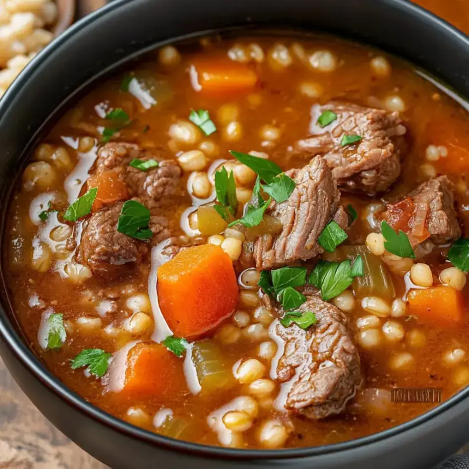 A close-up of a hearty beef and barley soup featuring tender pieces of meat, carrots, and green herbs in a rich, savory broth.