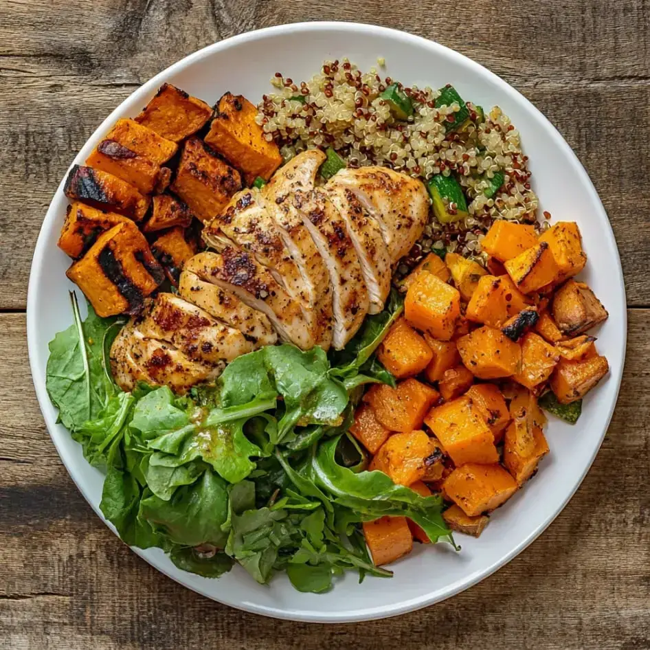 A plate of sliced grilled chicken breast served with quinoa, roasted butternut squash, sweet potatoes, and a bed of mixed greens.