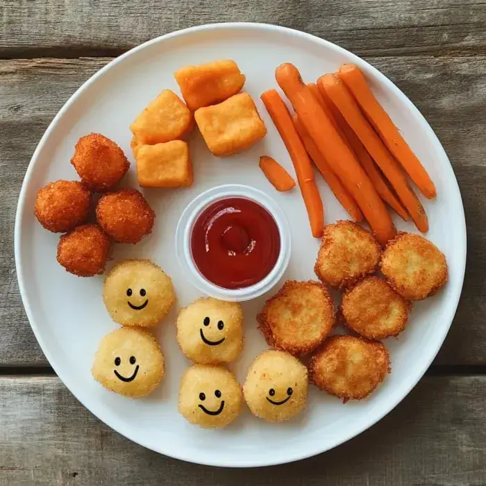 A plate of various shaped and colored fried snacks, including smiley-face potatoes, cheese cubes, carrot sticks, and a small bowl of ketchup.