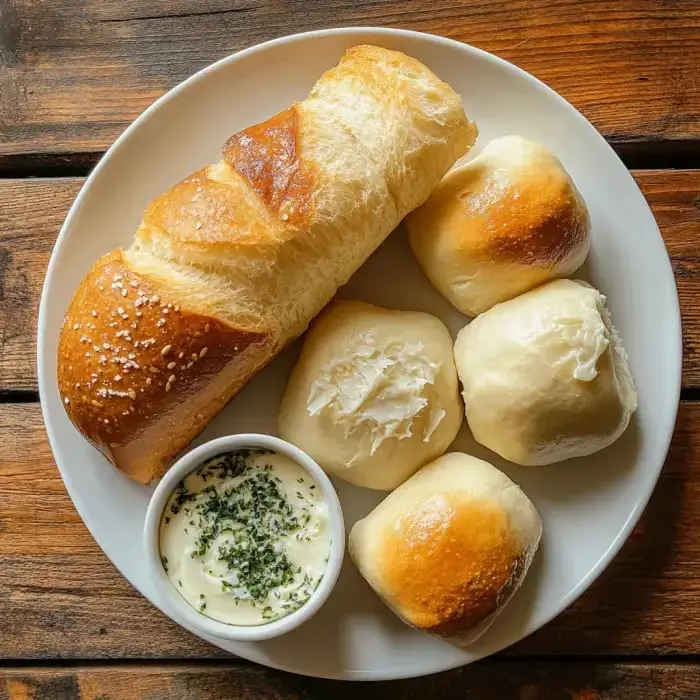 A plate of various bread rolls, including a sesame-topped breadstick and three soft rolls, accompanied by a small bowl of herb-infused dipping sauce.