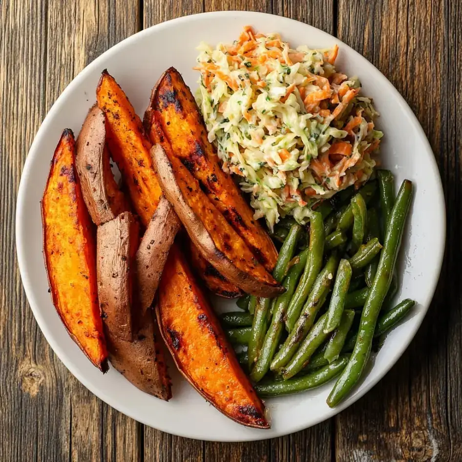 A plate of roasted sweet potato wedges, coleslaw, and green beans on a wooden tabletop.