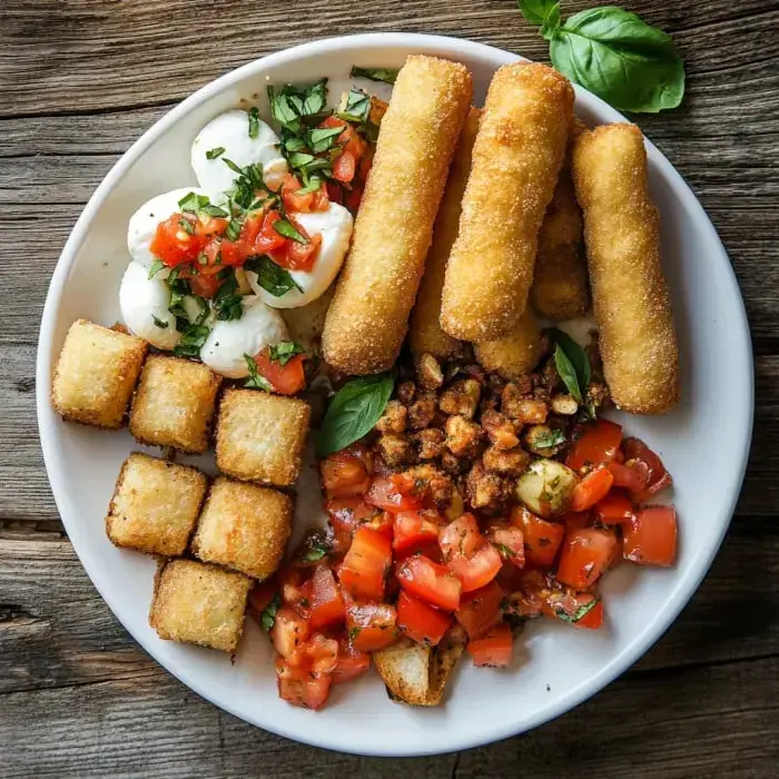 A white plate filled with crispy fried food, including breaded sticks, golden cubes, fresh mozzarella with tomatoes and basil, and a colorful tomato salad.