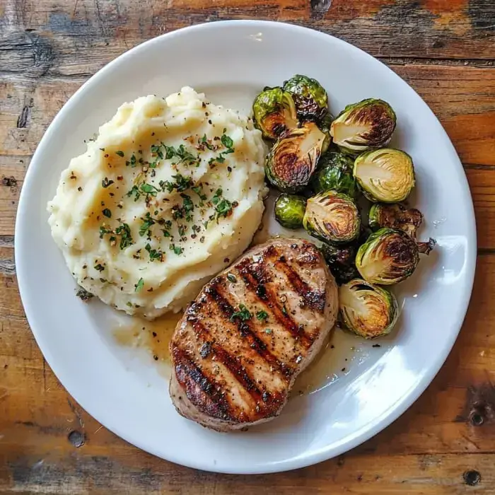 A plate of grilled pork chop with mashed potatoes and roasted Brussels sprouts, garnished with parsley.