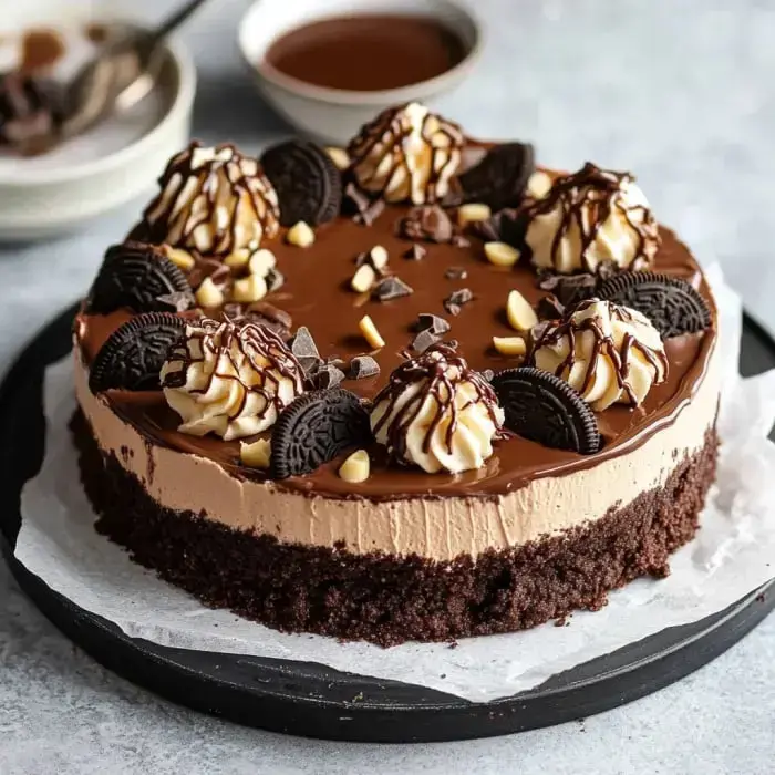 A decadent chocolate cheesecake topped with Oreo cookies, whipped cream, and drizzled chocolate, set on a round black platter.