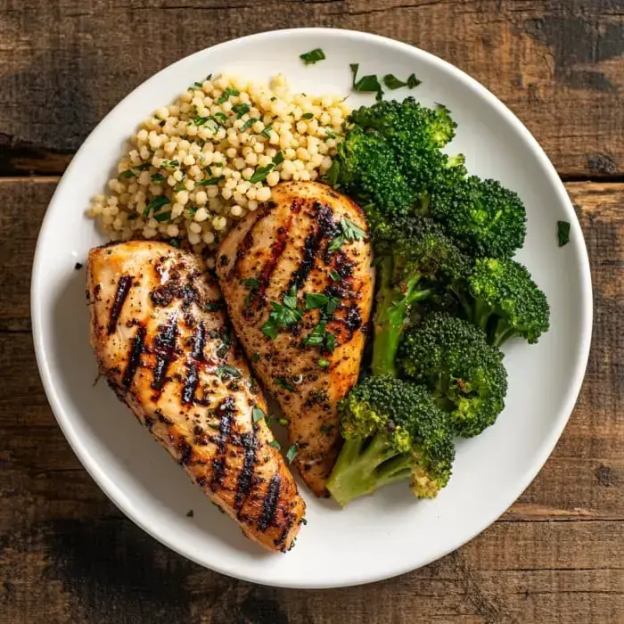 A plate of grilled chicken breast served with couscous and steamed broccoli, garnished with chopped herbs.