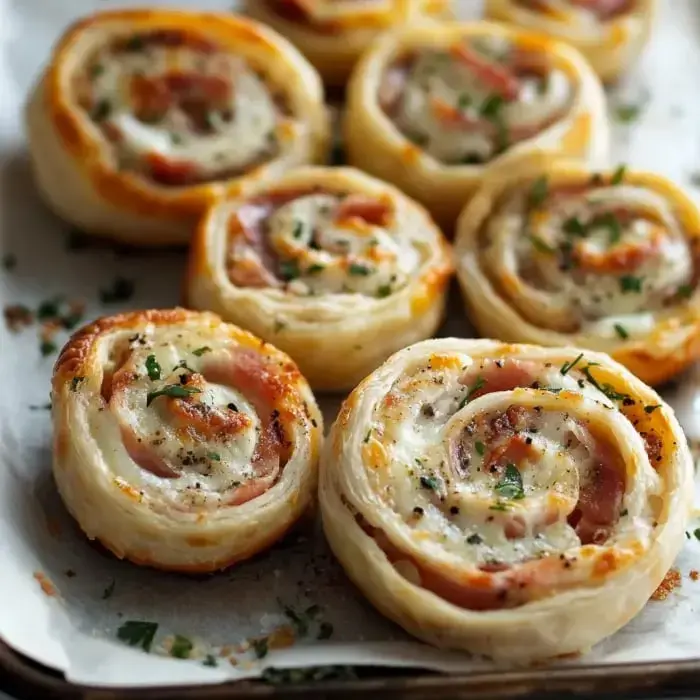 A tray of freshly baked spiral pinwheel pastries filled with ham and cheese, garnished with herbs.