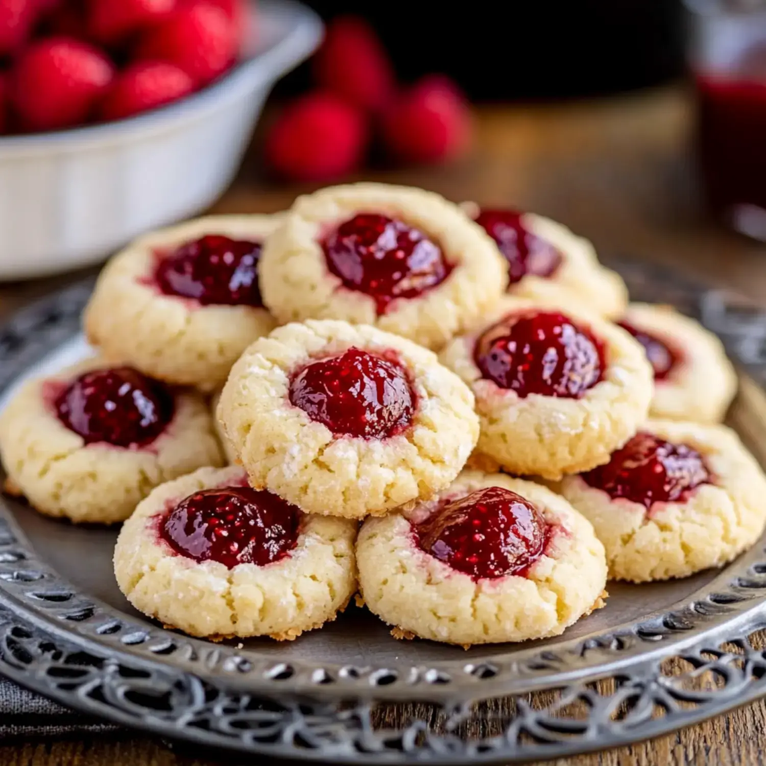 A plate of buttery cookies topped with raspberry jam rests on a rustic wooden table, with fresh raspberries and a jar of jam in the background.