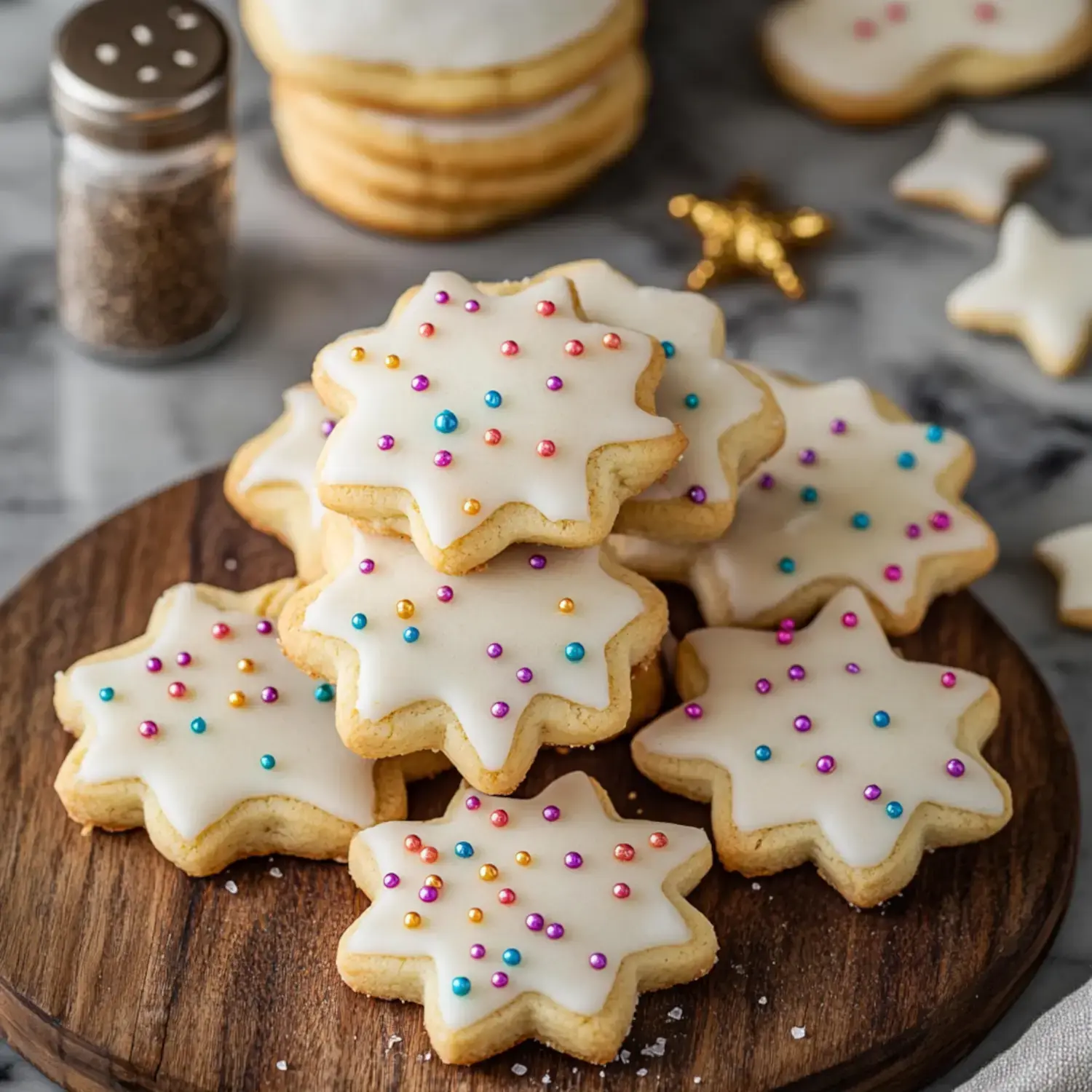 A wooden plate piled with star-shaped cookies, decorated with white icing and colorful sprinkles, sits on a marble surface.