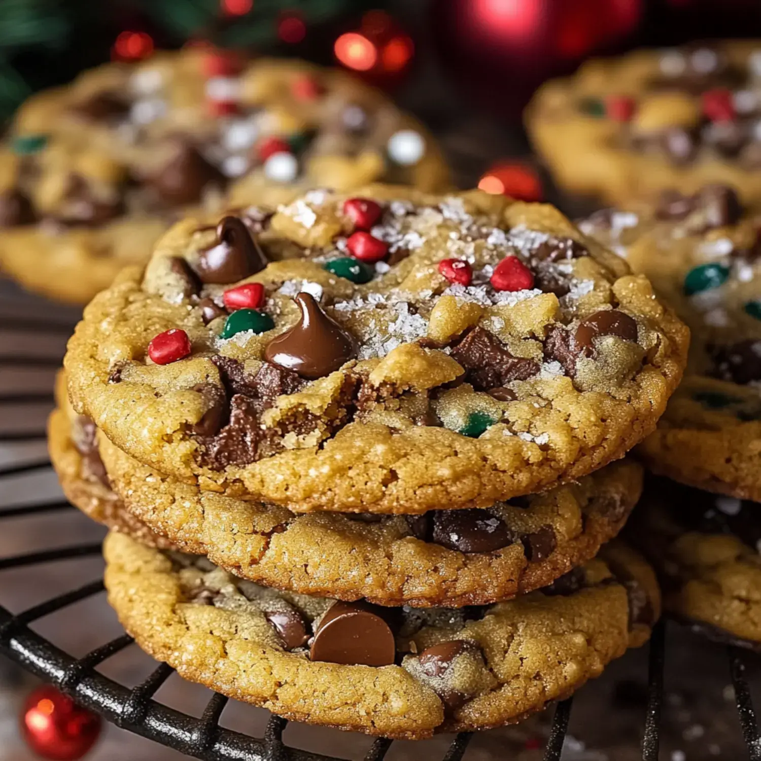 A stack of festive cookies decorated with chocolate chips, green and red sprinkles, and a sprinkle of coarse salt, resting on a cooling rack.