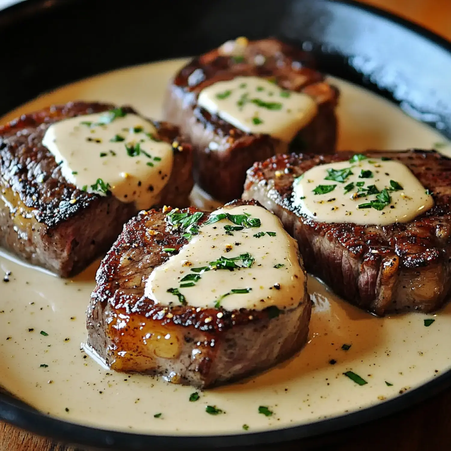 Four pieces of seared steak topped with creamy sauce and herbs, served in a skillet.