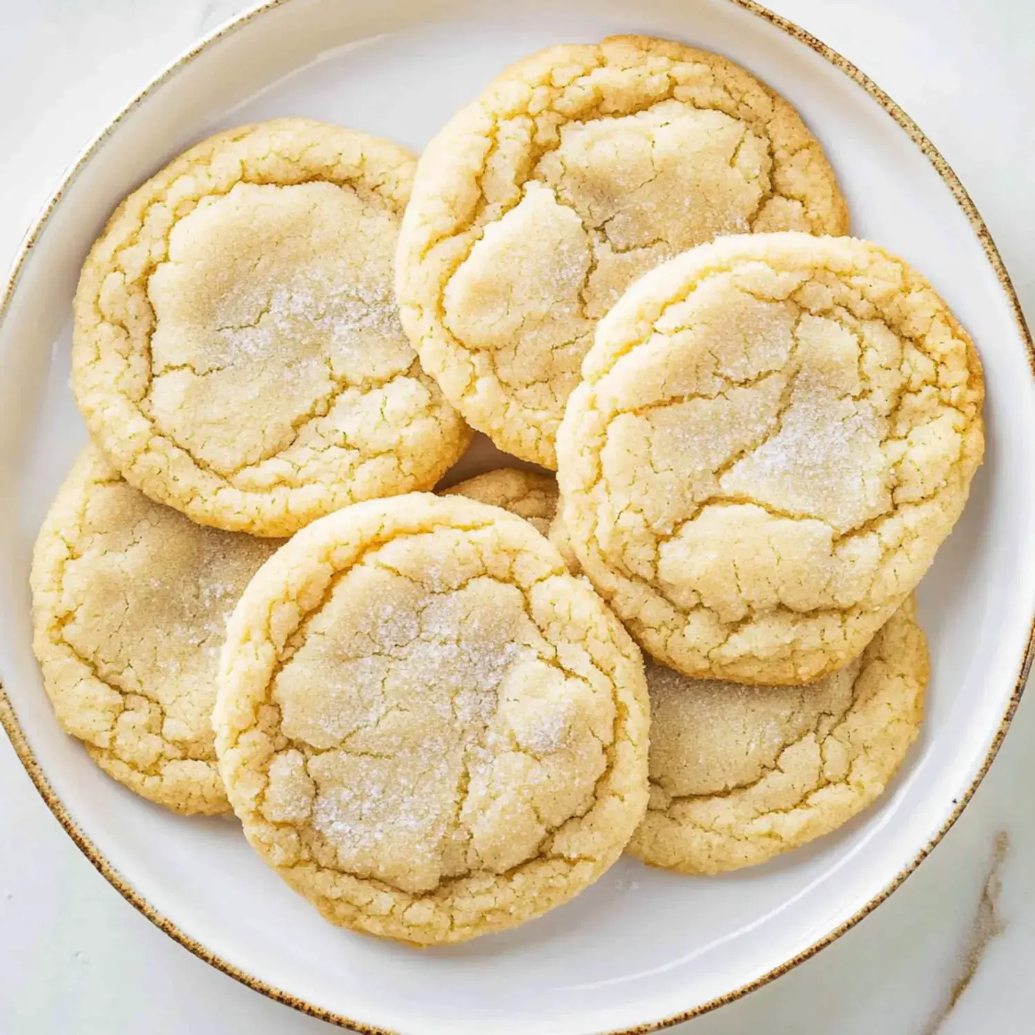 A plate of freshly baked, crinkly sugar cookies is arranged in a circular fashion.