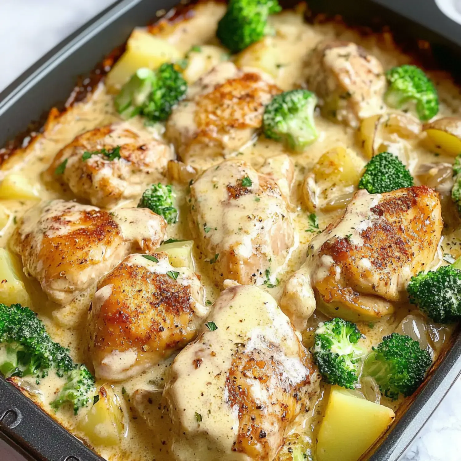 A close-up view of baked chicken thighs with creamy sauce, potatoes, and broccoli in a roasting pan.