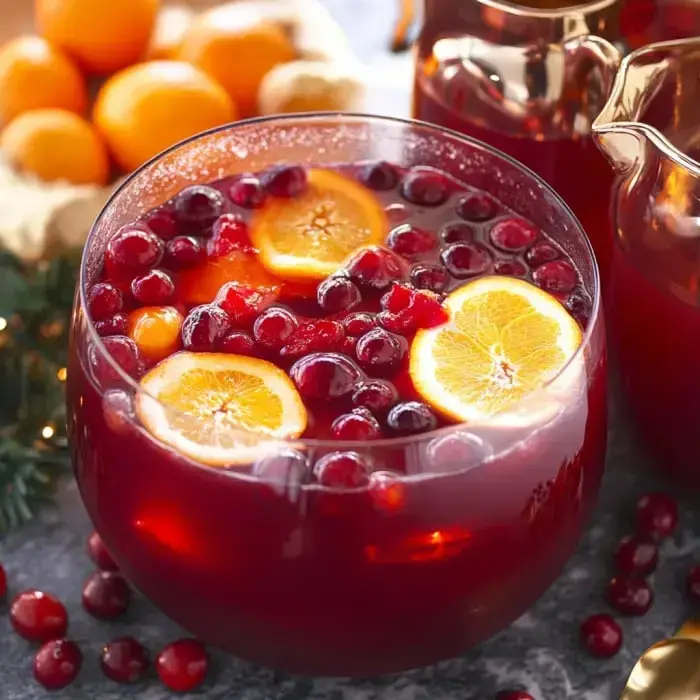 A large bowl of bright red punch is filled with orange slices, cranberries, and other fruits, with a background of oranges and festive decorations.