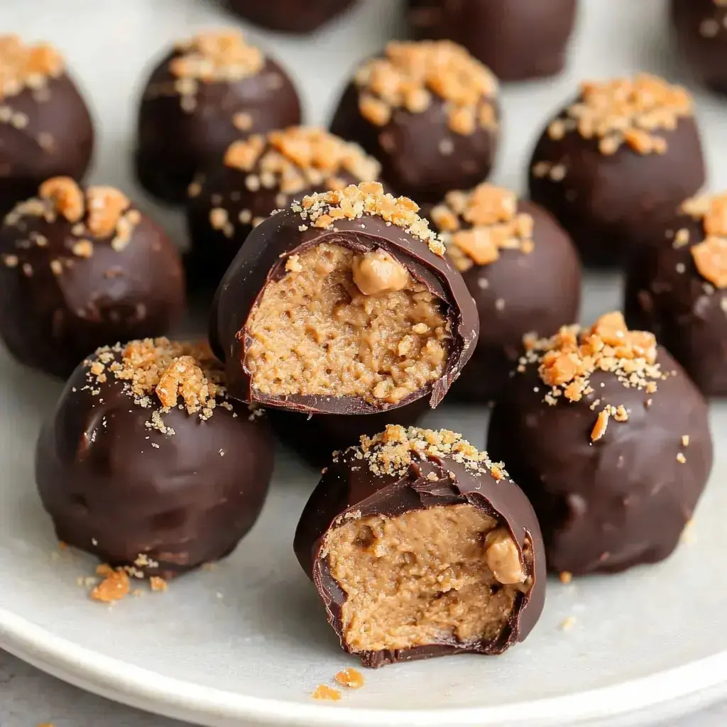 A plate of chocolate-coated truffles, some cut in half to reveal a creamy filling and topped with crushed toffee.