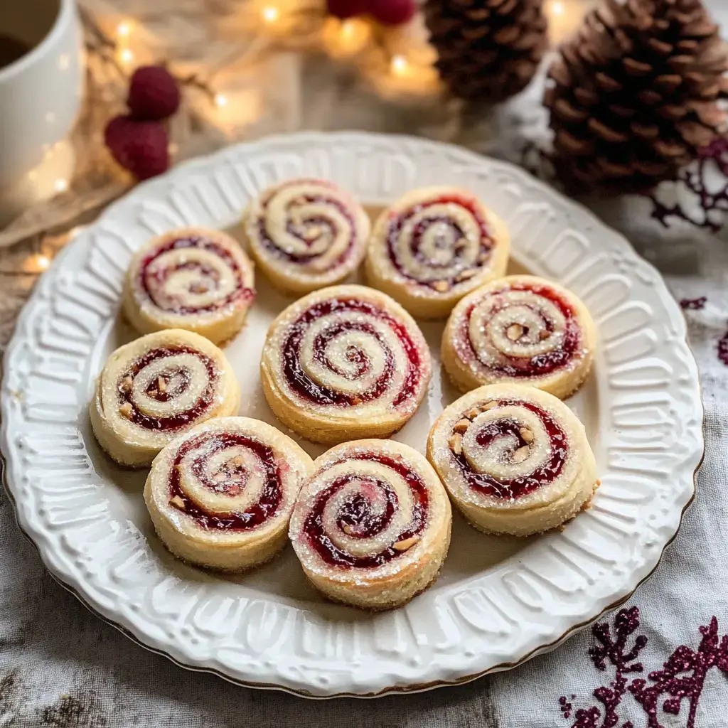 A white plate holds several spiral-shaped raspberry swirl cookies, sprinkled with sugar, set against a cozy background of pine cones and soft lights.