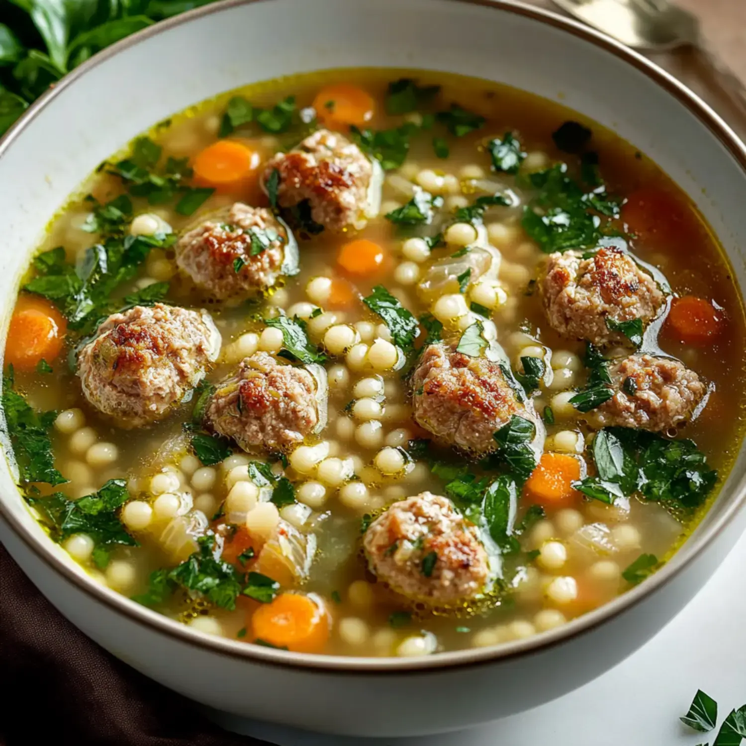 A bowl of soup featuring meatballs, carrots, and herbs, served with small pasta in a flavorful broth.