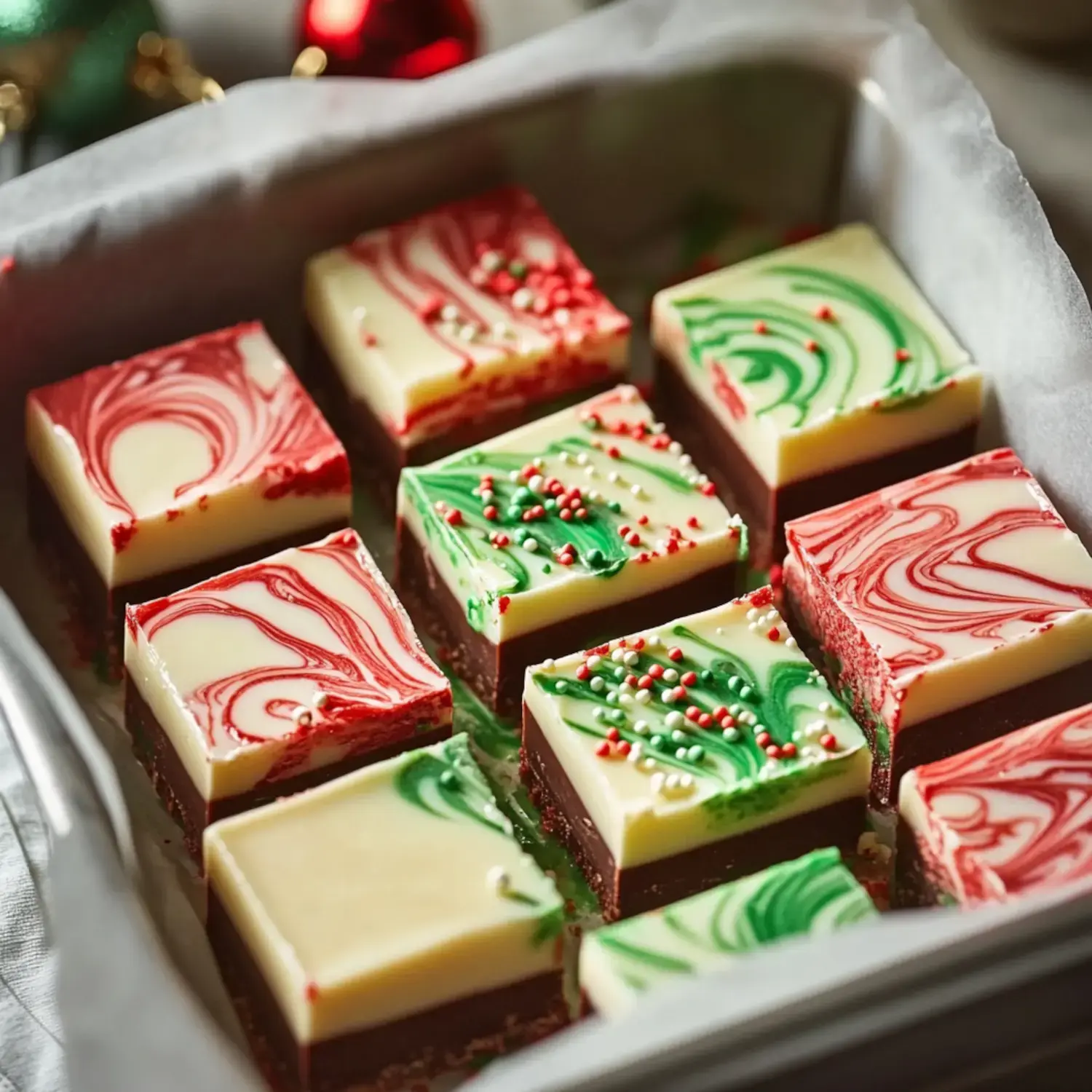 A close-up view of a tray filled with festive red and green marbled chocolate squares topped with colorful sprinkles.