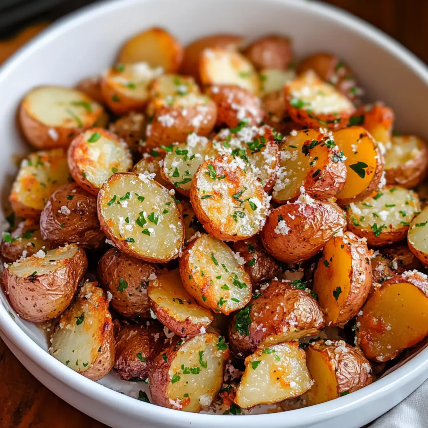 A bowl of roasted baby potatoes sprinkled with herbs and cheese.