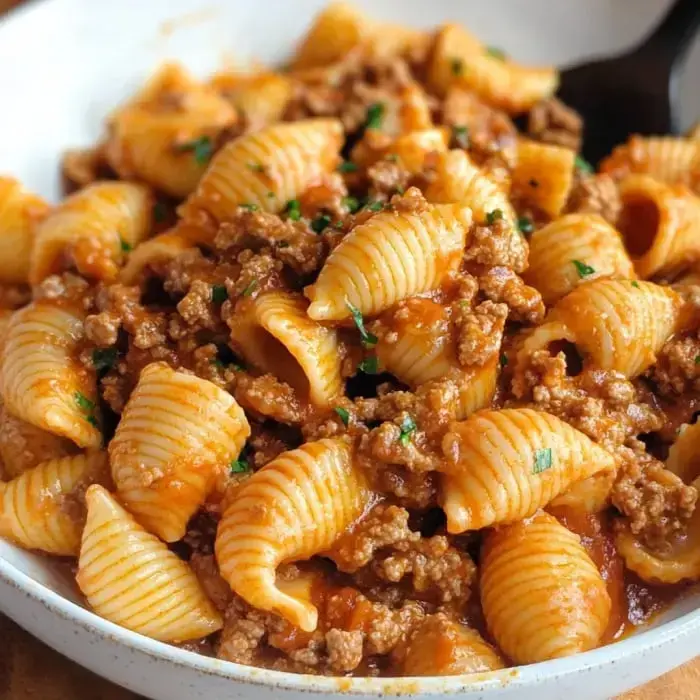 A bowl of pasta shells mixed with ground meat and tomato sauce, garnished with chopped parsley.