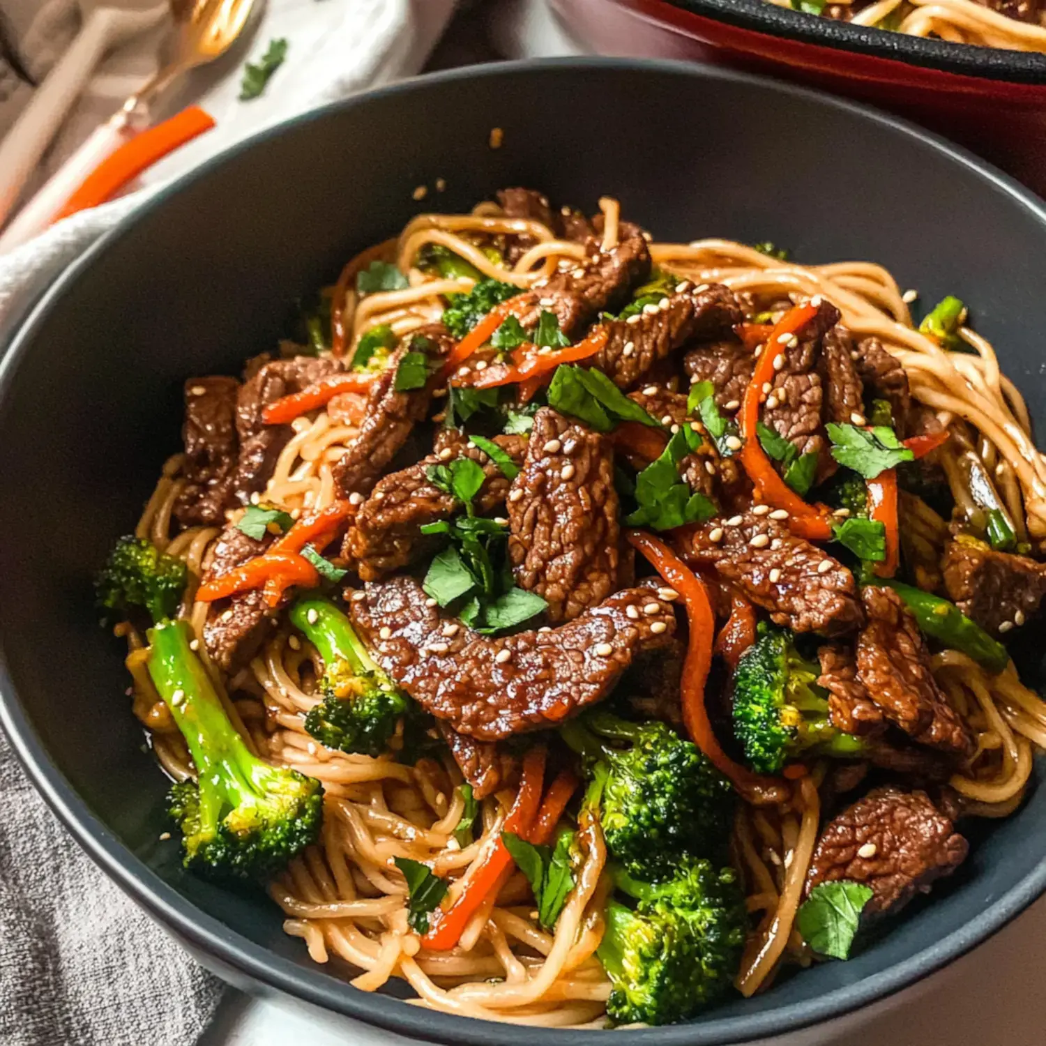 A black bowl filled with stir-fried noodles topped with beef strips, broccoli, red bell peppers, and garnished with parsley and sesame seeds.