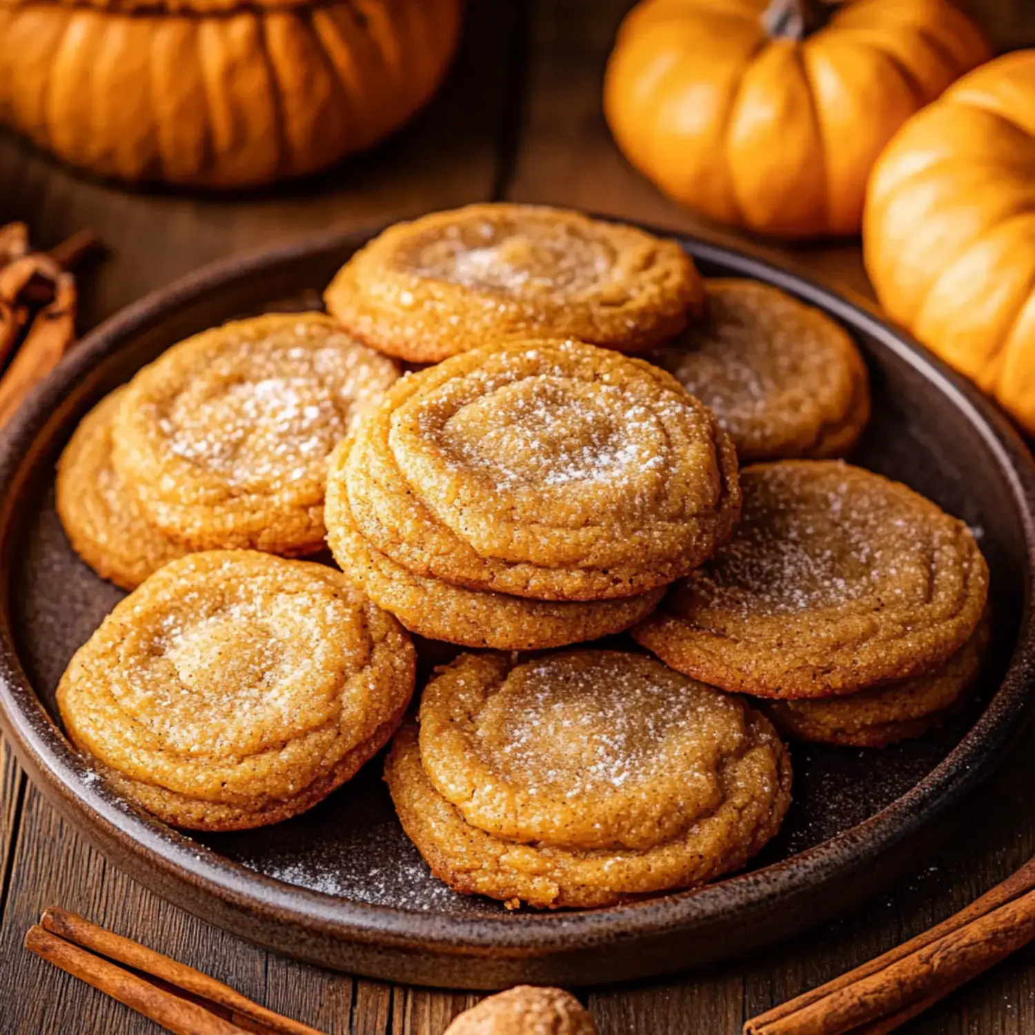 A plate of freshly baked pumpkin cookies dusted with sugar, surrounded by small pumpkins and cinnamon sticks.