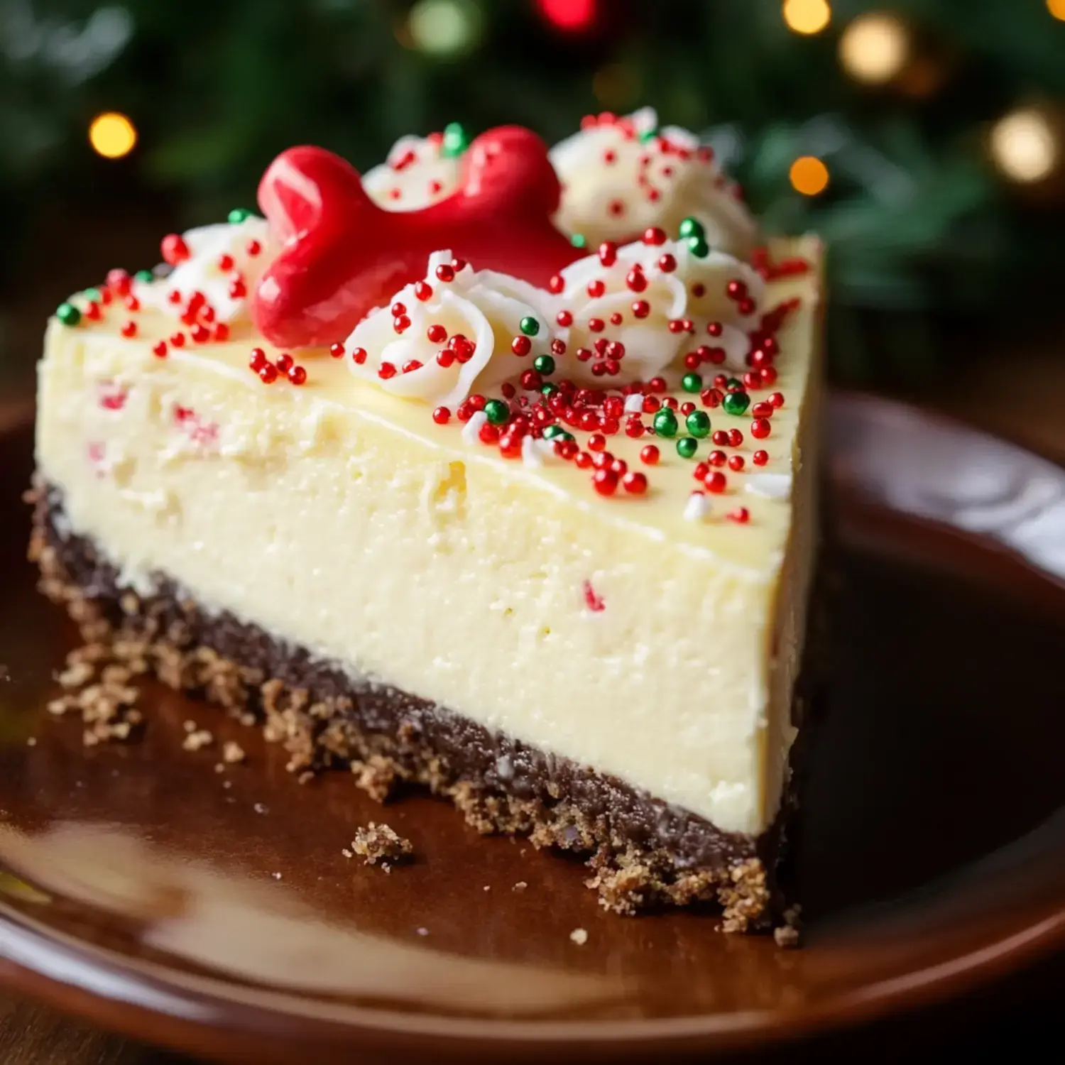 A slice of festive cheesecake with a graham cracker crust, topped with red and green sprinkles and a red decorative topping, sits on a brown plate.