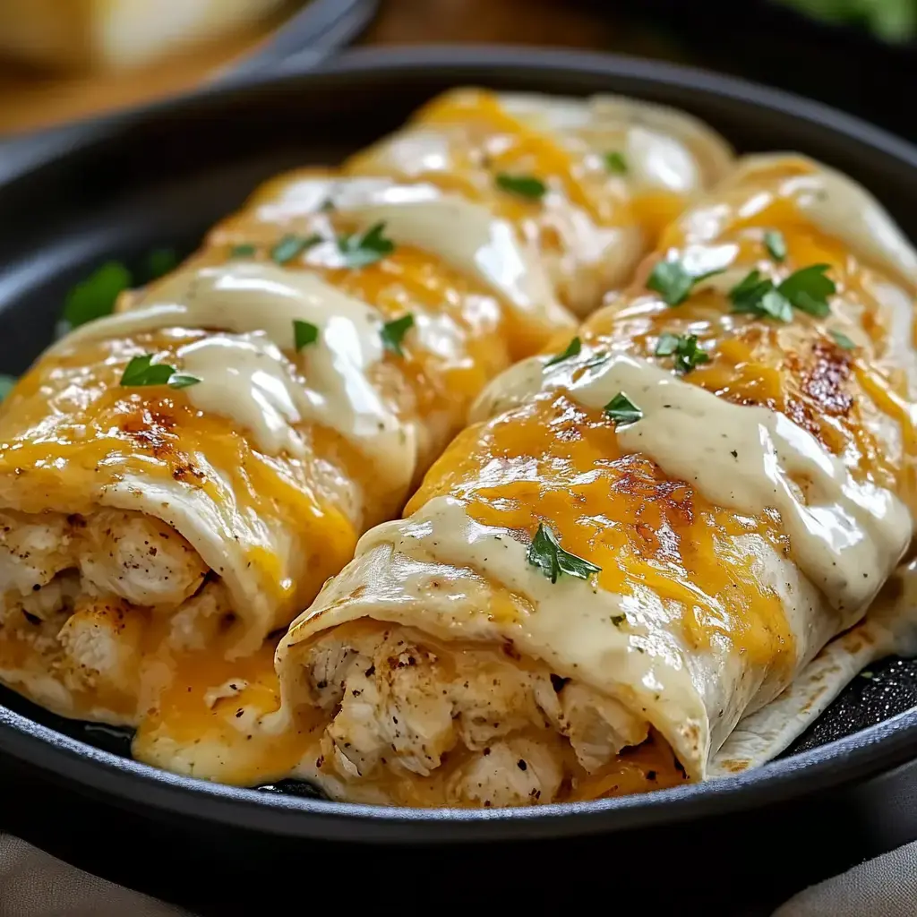 Two stuffed enchiladas topped with melted cheese, sour cream, and parsley on a black plate.