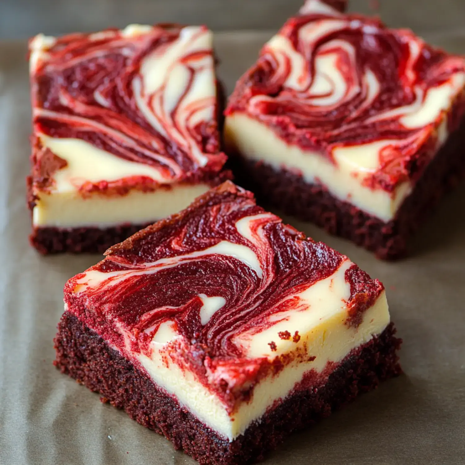 Three pieces of red velvet cheesecake brownies are displayed on a surface, showcasing a rich red swirl pattern over a creamy white layer.